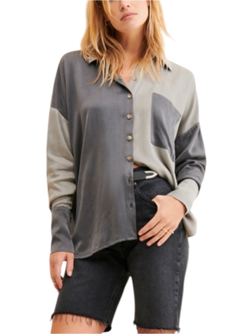 OhSevenDays Samantha Patchwork Gray Button-Down Shirt